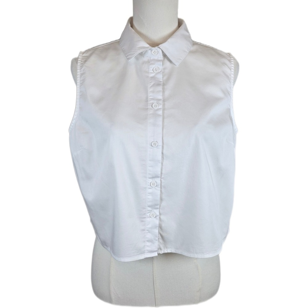 French Connection White 100% Cotton Sleeveless Cropped Button Down Shirt